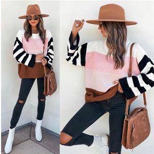 Vici Colorblock Sweater in Pink, White, Black, and Brown